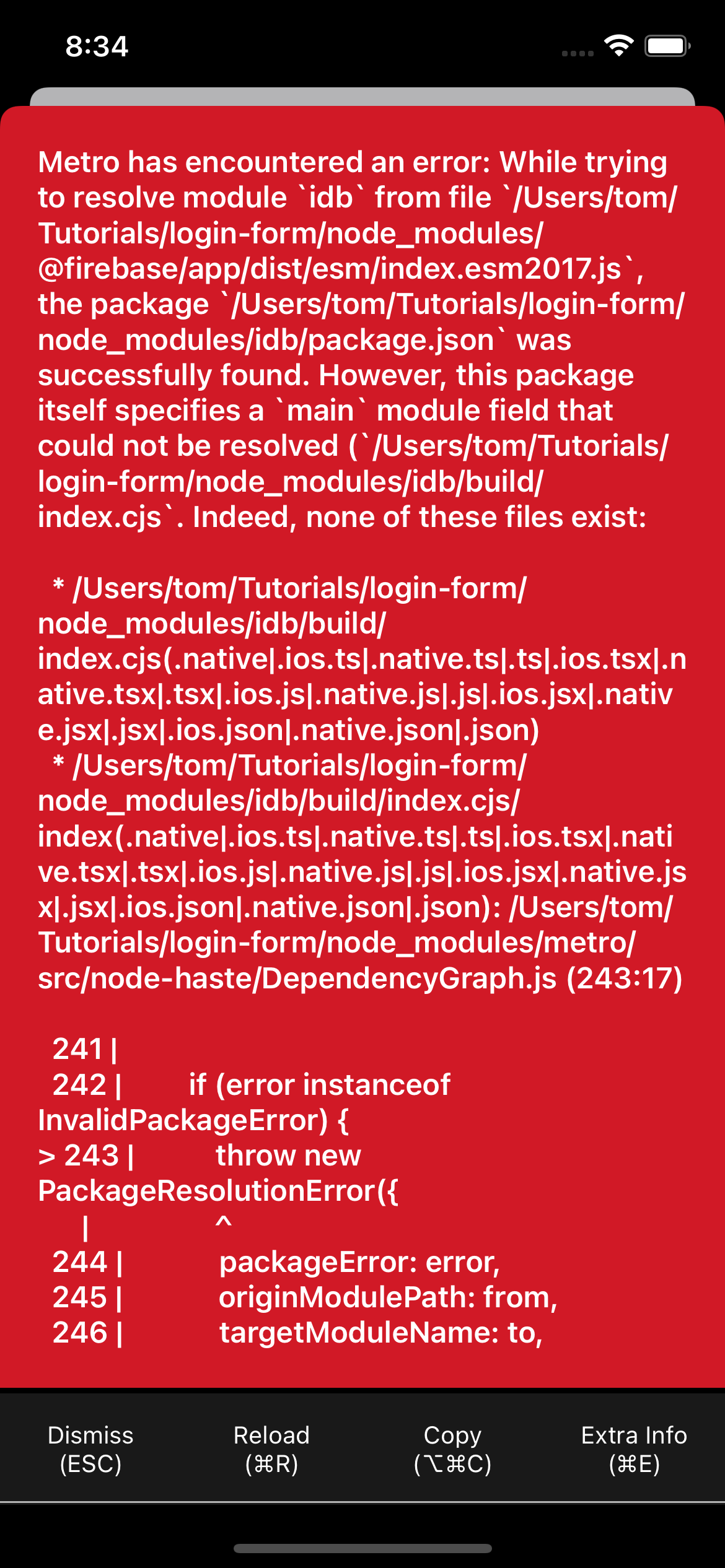 IDB error message in a React Native project